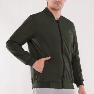 YAQR Men's Olive - Green Bomber Jacket – Windproof Polyester with Ribbed Cuffs & Multiple Pockets
