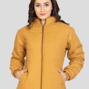 YAQR Women’s Mustard Three-Layer Winter Jacket with Detachable Hood, Fur Lining, and Zip Pockets | King of Winter | 100% Polyester