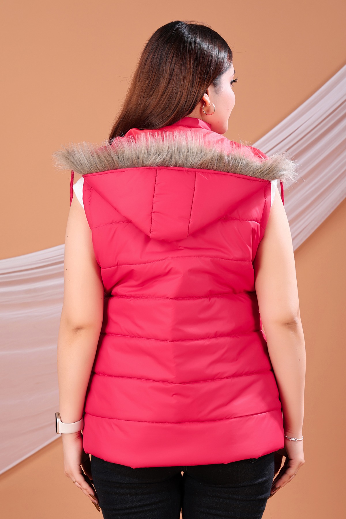 Women Pink Quilted Hooded Winter Sleeveless Jacket