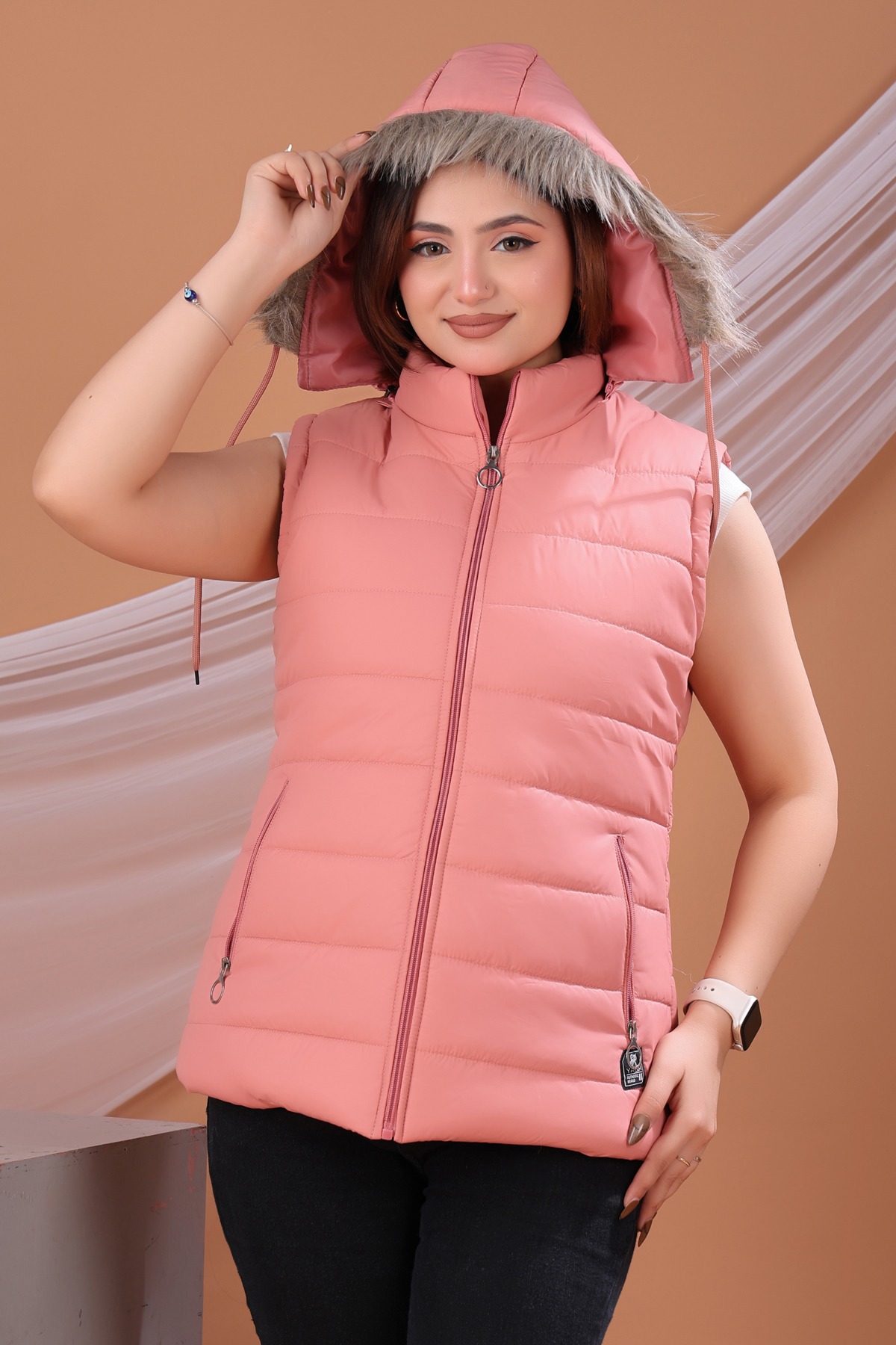 Women Pink Quilted Hooded Winter Sleeveless Jacket