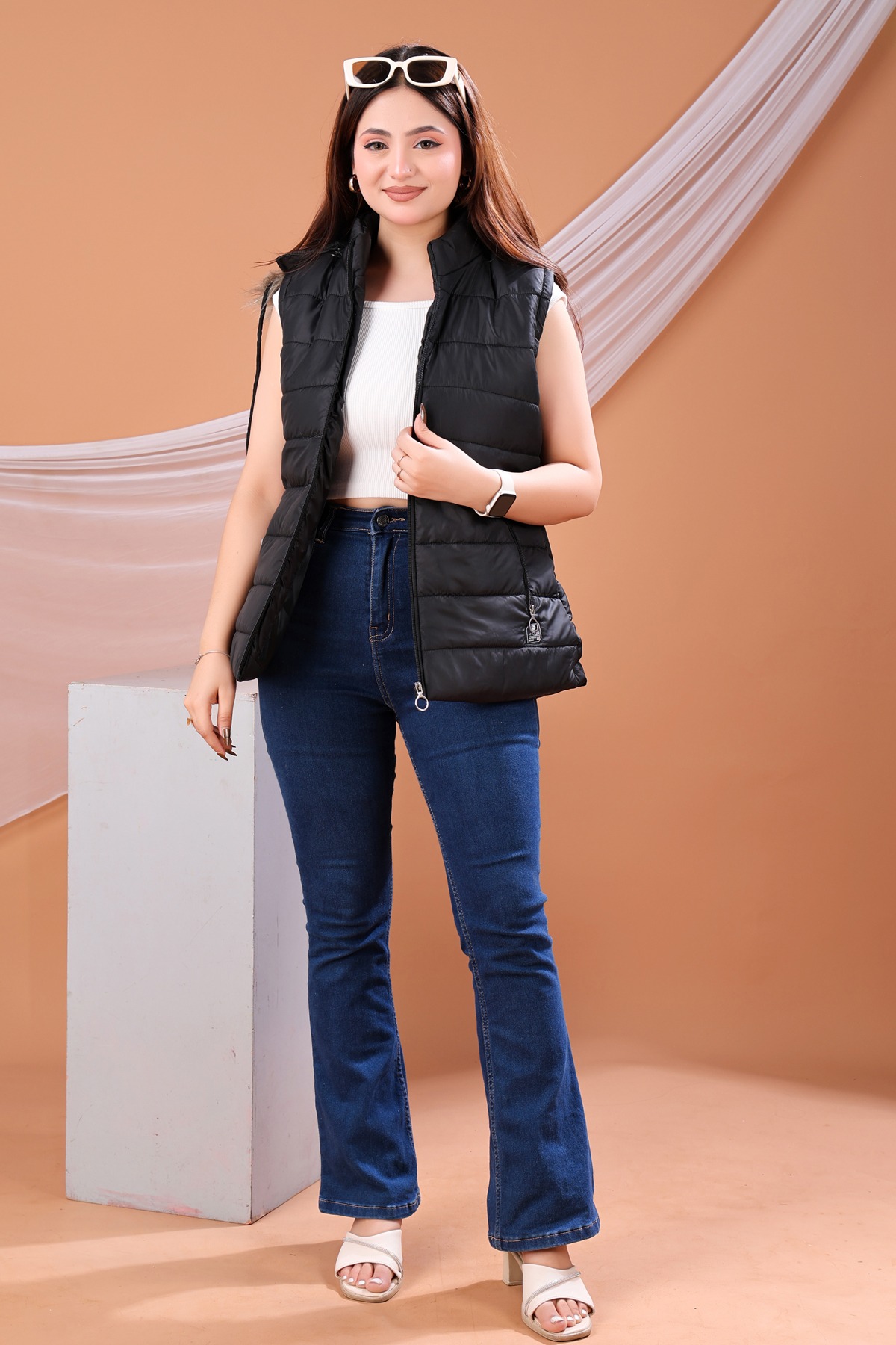 Women Black Quilted Hooded Winter Sleeveless Jacket