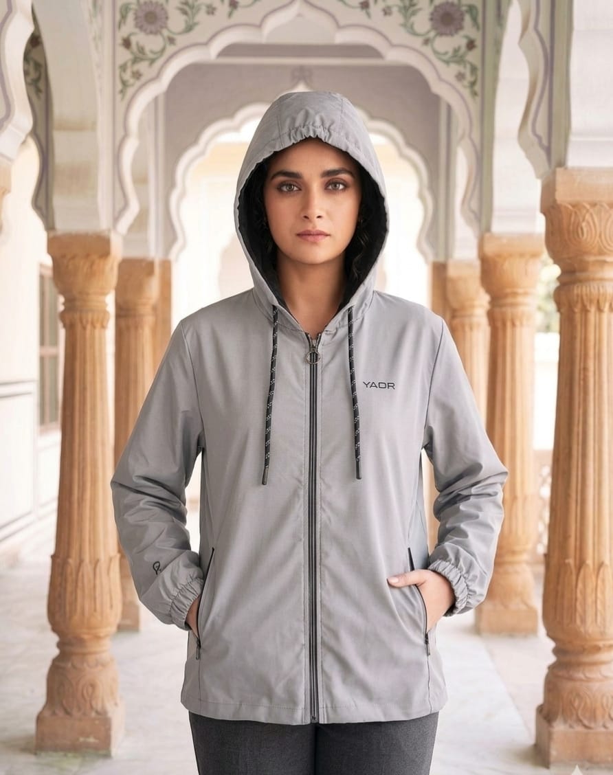 YAQR Women Windcheater Jacket | Premium Grey Hooded Windproof Jacket women windcheater jacket